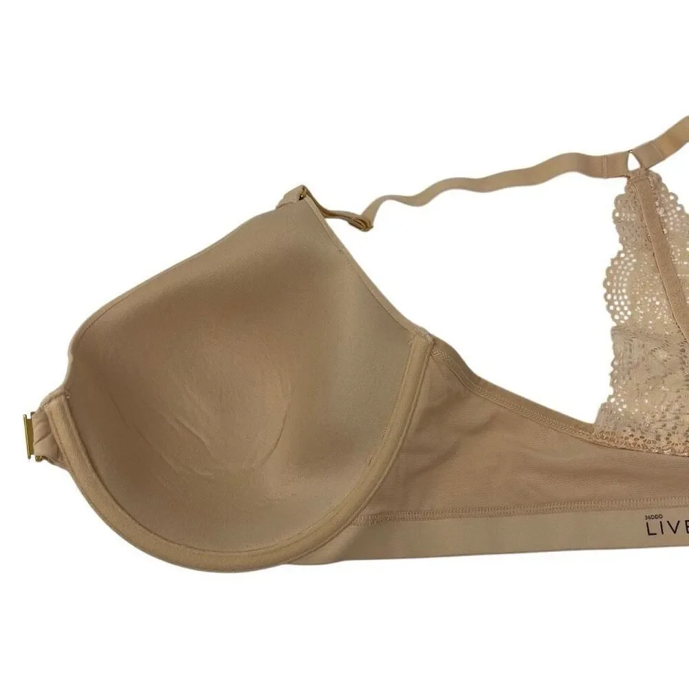 Lively Tan Front Closure Lightly Lined Lace Racerback Bra Women’s Size 36DDD